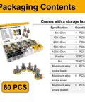 80 Piece Potentiometer Kit With WH148 3 Pin 15mm Potentiometers In B5K B10K B20K B50K And B100K With Knobs Nuts And Washers