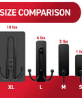Size comparison of XL Matte Black Triple Hook with adhesive strips, holding 10 lbs, alongside smaller hooks for damage-free wall hanging.