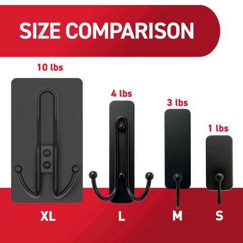 Size comparison of XL Matte Black Triple Hook with adhesive strips, holding 10 lbs, alongside smaller hooks for damage-free wall hanging.