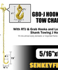 Two Pack Grade 80 Tow Chain With J Hooks And RTJ Grab Hooks Five Sixteenth Inch By Six Foot Recovery Chain 18800 Lbs Tow Truck Bridle Chain Wrecker Towing Equipment image showing 6-foot towing chain with detailed hook measurements.