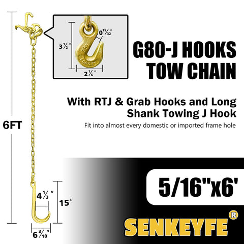 Two Pack Grade 80 Tow Chain With J Hooks And RTJ Grab Hooks Five Sixteenth Inch By Six Foot Recovery Chain 18800 Lbs Tow Truck Bridle Chain Wrecker Towing Equipment image showing 6-foot towing chain with detailed hook measurements.