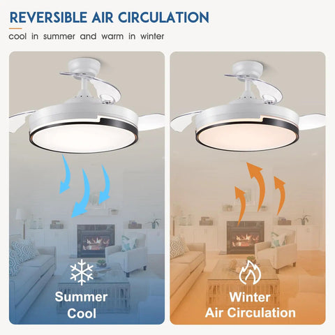 Diagram showing reversible air circulation of Retractable 42 Inch Smart Ceiling Fan With Light, Remote, App And Alexa Control.