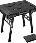 Express Folding Work Table With Quick Setup In Seconds Portable Folding Workbench For Garage And Wood Shop 34W By 25D By 31H Lightweight Clamping Work Surface In Black, shown unfolded and folded for storage.