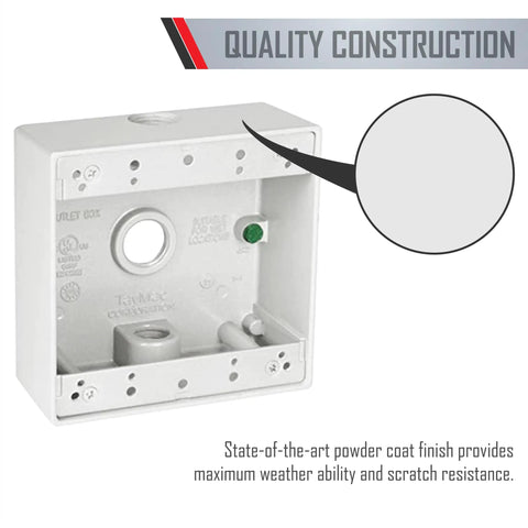 Two Gang White Weatherproof Junction Box Four Point Five By Four Point Five Inch Two Inch Deep With Three Half Inch Threaded Holes