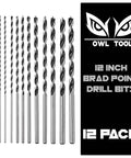 Pro Grade Extra Long 12 Inch Brad Point Drill Bit Set 12 Pack With Handy Storage Sleeve Carpenter Quality displayed with bits