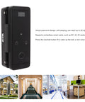 Biometric Door Lock With No Keys Needed And Four Easy Unlock Methods Fingerprint Password IC Card Or Keypad Plus Remote Unlock Real Voice Alerts And Doorbell Black on a door with virtual password design and multiple unlock options.