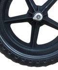 Close-up of Two 11 Inch Non Inflatable Balance Bike Replacement Wheels for Kids showing pentagram hub design.