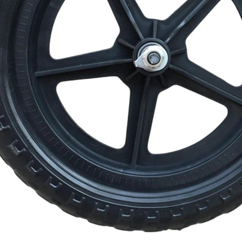 Close-up of Two 11 Inch Non Inflatable Balance Bike Replacement Wheels for Kids showing pentagram hub design.