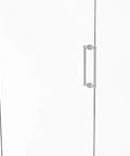 405-12BB-SCH Contemporary 12 Inch Back To Back Shower Door Pull In Satin Chrome Finish Solid Brass Hardware installed on glass door.