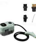 Kickass Multi Surface Steam Cleaner With Blazing Two Thousand Five Hundred Watt Heating And Three Bar Pressure Ready In Just Fifteen Seconds For Chemical Free Deep Sanitization Of Tile Stone Kitchen Cars And Patio Grills Green with attachments and hose.