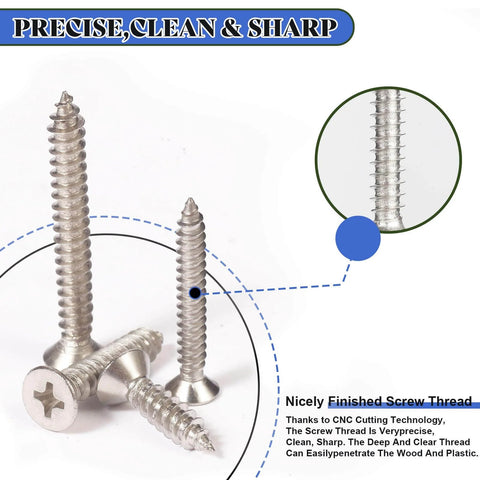 Value Packed 280 Pieces Wood Screws Set In M5 M4 M3 Sizes Flat Head Stainless Steel Self Tapping Deck Door Cabinet Hardware Kit Rust Resistant Great For DIY Projects And Outdoor Furniture, showcasing close-up of flat head screws.