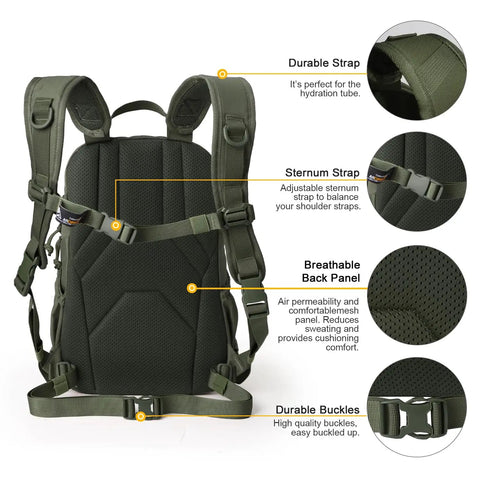 Back of Compact Tactical Backpack 15L With MOLLE For Hiking And Cycling, showing straps, YKK buckles, and breathable back panel.