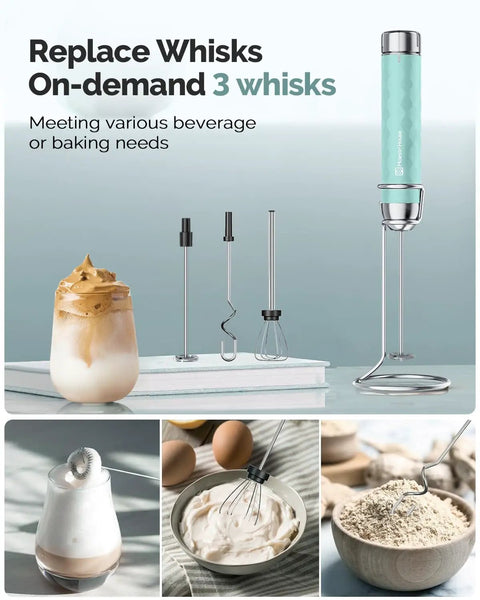 Rechargeable Milk Frother Handheld Wand With Stepless Speed Control and 3 Whisks for creamy foam making drinks.