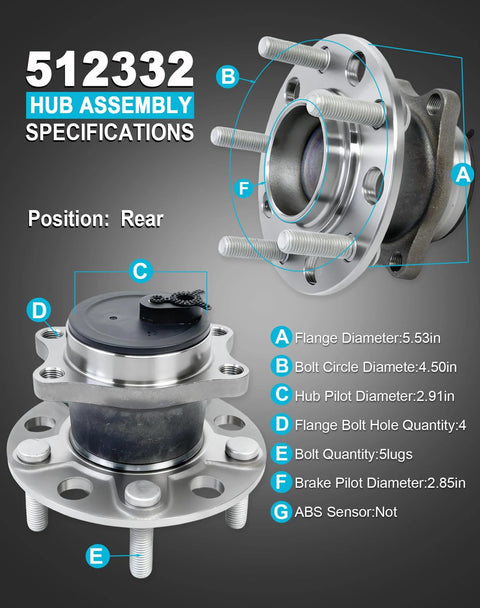 2 Pack Rear Wheel Bearing Hub Assembly Fits Avenger Caliber 2007-2012, Compass Patriot 2007-2017, 200 Sebring, Lancer Outlander Sport 2007-2017