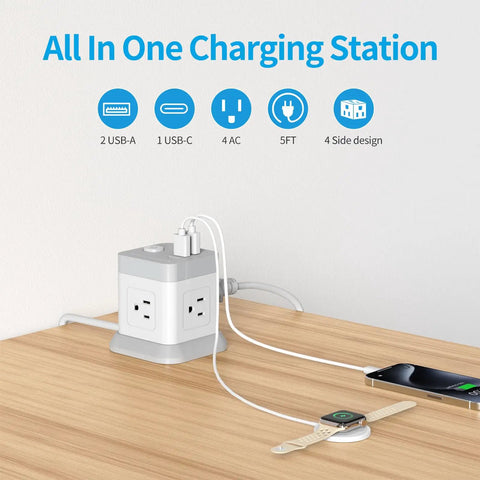 Compact 2 Prong Power Strip With USB Ports And Flat Plug Four Outlets And Three USB Ports Five Foot Power Cord