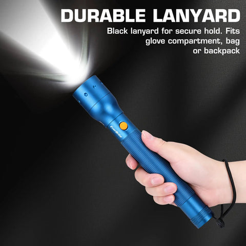 Ultra Bright Tactical Flashlight With 900 Lumen Zoomable Beam held showing adjustable focus and aluminum body with lanyard