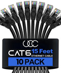 Cat6 Ethernet Patch Cable 15 Feet 10 Pack High Speed Network Cord 500 MHz 10 Gbps RJ45 LAN Cable For Computer Modem Router PS4 PS5 Black