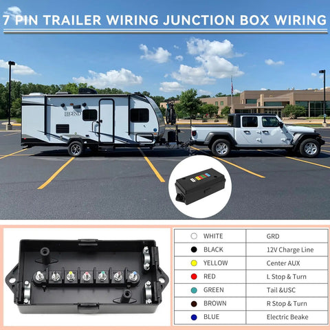 Skip The Headache And Grab This Heavy Duty 2 Pack 7 Pin Trailer Junction Box With Tough Weather Sealed Housing Plus Quick Connect Color Terminals For Smooth Rv Camper Boat Hookups, showing trailer, vehicle, and wiring details.