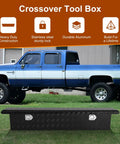 69 Inch Heavy Duty Crossover Aluminum Truck Toolbox With Rust Proof Secure Slam Latch Pickup Bed Storage Chest For Contractors Built To Thrash Real Deal Cargo Organizer displayed beside a blue pickup truck.
