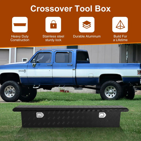 69 Inch Heavy Duty Crossover Aluminum Truck Toolbox With Rust Proof Secure Slam Latch Pickup Bed Storage Chest For Contractors Built To Thrash Real Deal Cargo Organizer displayed beside a blue pickup truck.