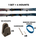 Slick Horizontal Ski Rack Wall Mount Bracket Black Hookless Design shows 4 ski mounts, hardware, and binding brake bands.