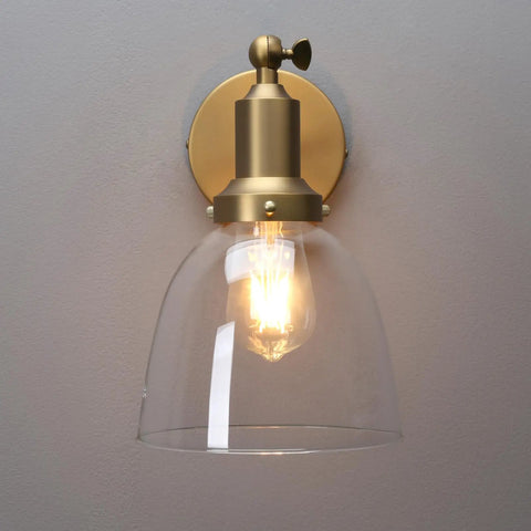 Industrial Vintage Slope Pole Wall Mount Sconce Light Fixture With Six Point Seven Inch Oval Clear Glass Shade In Antique Gold Finish