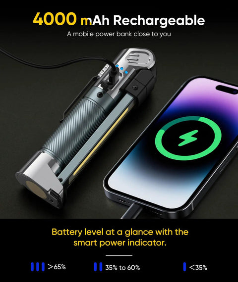 Rechargeable Magnetic Work Light With 4000mAh Battery, 1200 Lumens next to smartphone with charging indicator