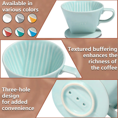 Travel Ready Ceramic Pour Over Coffee Dripper With Three Hole Flat Bottom Cone For On The Go Brewing, No Fuss Handmade Ceramic Brew Tool For Travel Camping Office Or Home Green, showcasing various angles and features like textured interior and three-hole design.