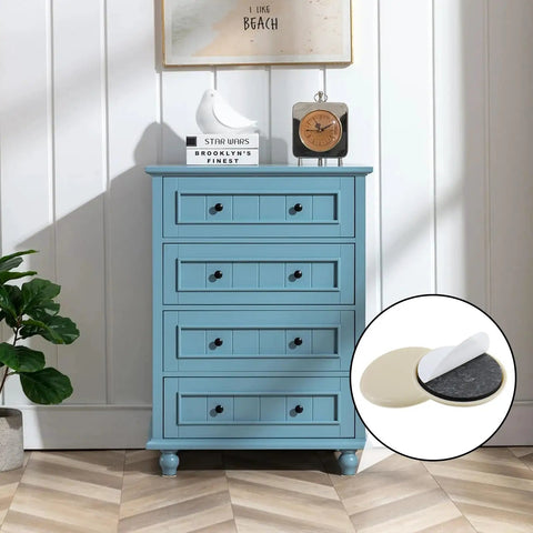 16 Piece Round White Adhesive Furniture Sliders beside blue dresser for floor protection