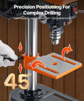 Close-up of 8 Inch Benchtop Drill Press with Five Speed Settings, 0-45 Degree Tilting Table, showing precision adjustments.