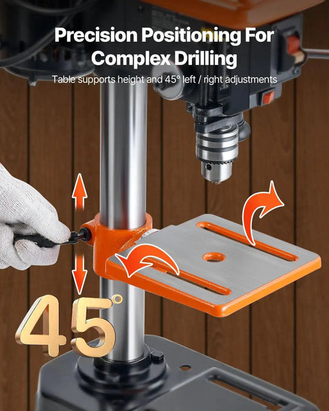 Close-up of 8 Inch Benchtop Drill Press with Five Speed Settings, 0-45 Degree Tilting Table, showing precision adjustments.