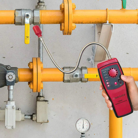 Using a Super Handy Portable Natural Gas Detector Sniffer for detecting combustible propane, methane fuel gas leaks on pipes.