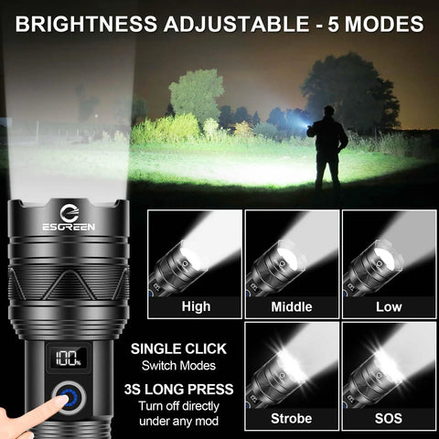 Rechargeable High Lumen Flashlight With 100000 Lumens Hella Bright Long Range Beam Up To 5000 Ft USB C Fast Charge modes