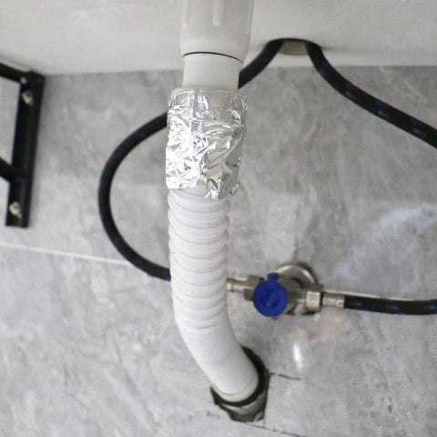 Bomei Pack Heavy Duty Aluminum Foil Tape For HVAC And Metal Repair Plus Air Ducts Sealing on a white pipe connection.