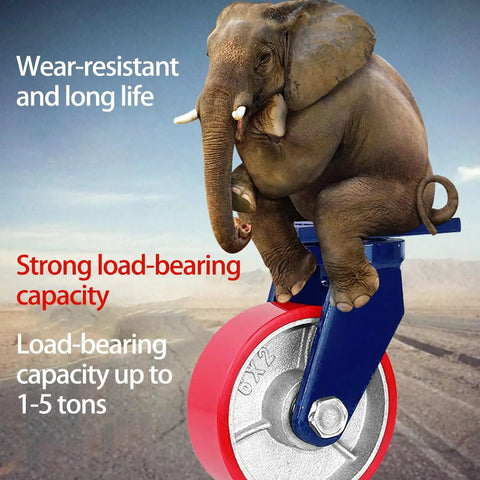 Set Of Four Six Inch Heavy Duty Casters With Swivel Locking Brakes And Double Ball Bearings For Buttery Smooth Gliding and strong load-bearing capacity with an elephant seated on a caster.