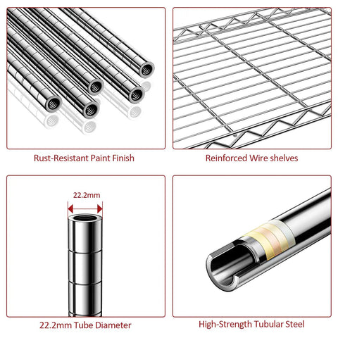 Detailed view of parts of the Five Tier Beast Mode Heavy Duty Steel Wire Shelving Unit On Casters With Adjustable Shelves Chrome Finish For Garage Kitchen Pantry Laundry Basement Capacity Up To 1750 Lbs Dimensions About 18 Deep By 47 Wide By 77 High