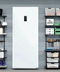 Hella Spacious 17 Cubic Foot Convertible Freezer And Refrigerator, Crisp White Upright Fridge, garage setup with storage.