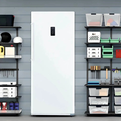 Hella Spacious 17 Cubic Foot Convertible Freezer And Refrigerator, Crisp White Upright Fridge, garage setup with storage.