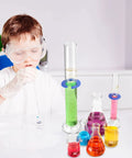 Child conducting experiment with 9 Piece Borosilicate Glass Labware Set including beakers, Erlenmeyer flasks, and graduated cylinders.