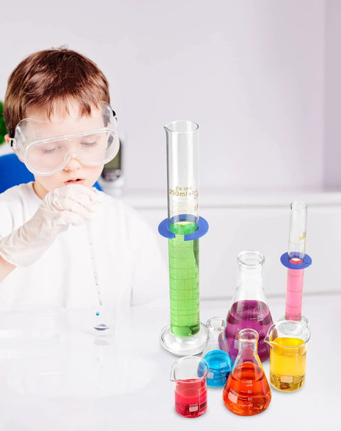 Child conducting experiment with 9 Piece Borosilicate Glass Labware Set including beakers, Erlenmeyer flasks, and graduated cylinders.