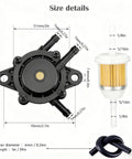 Pulse Fuel Pump For Small Engines Mower And Golf Cart Fits Cub Cadet EZGO Club Car Yamaha Toro Honda Kohler John Deere Predator And More Reliable Vacuum Pump For Lawn Mowers Generators And Zero Turn Rigs. Showing size details and components.