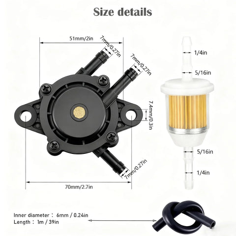 Pulse Fuel Pump For Small Engines Mower And Golf Cart Fits Cub Cadet EZGO Club Car Yamaha Toro Honda Kohler John Deere Predator And More Reliable Vacuum Pump For Lawn Mowers Generators And Zero Turn Rigs. Showing size details and components.