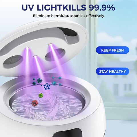 Retainer Cleaner Machine For Dentures And More Like Mouth Guards Braces Toothbrush Heads And Jewelry With 220ml Tank UV Light Digital Timer Two Cleaning Modes No Fuss Ultrasonic Scrub For All Dental Appliances White, open UV cleaning chamber
