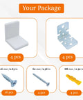 Heavy Duty White L Brackets For Shelves And Cabinets Stainless Steel Corner Supports With Smooth Plastic Caps Pack Of Four components including screws and anchors.