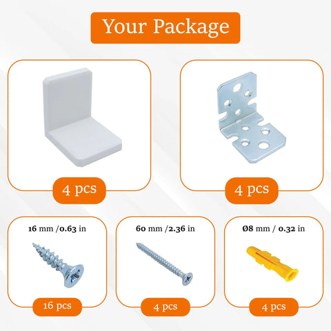 Heavy Duty White L Brackets For Shelves And Cabinets Stainless Steel Corner Supports With Smooth Plastic Caps Pack Of Four components including screws and anchors.