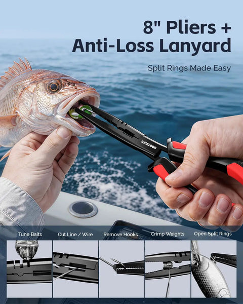 Using 8-inch pliers and lanyard from 7 Piece Fishing Tools Kit With Fillet Knife Split Ring Pliers Braid Scissors Fish Gripper 35 Inch Ruler Sharpener And Lanyard For Saltwater And Freshwater Go To Gear Gift For Men to hold fish on a boat.