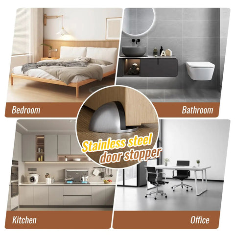 Stainless Steel Half Dome Floor Door Stop With Rubber Buffer Self Adhesive No Drilling Needed in bedroom, bathroom, kitchen, and office.