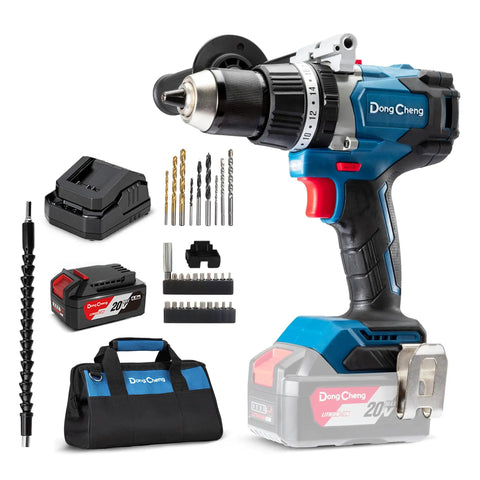 20V Brushless Hammer Drill Kit With 4Ah Battery, One Half Inch Keyless Metal Chuck, dual speed settings, and accessories