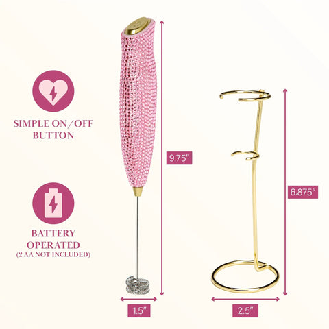 Electric Rhinestone Handheld Milk Frother With Double Coil Whisk And Gold Stand Pink Battery Powered Portable Frother For Lattes Cappuccinos And More Fast Foaming In Under 30 Seconds Requires 2 AA Batteries Not Included