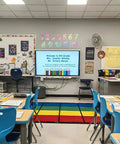 Classroom with Large 12 Piece Math Poster Set From 1 To 12 Numbers And Multiplication Chart on wall near bulletin board.